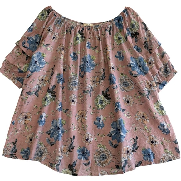 EASEL Blue Pink NEW Off The‎ Shoulder 100% Cotton Oversized Boho Top Size L #517 - Picture 2 of 10